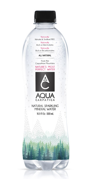 Bottle of AQUA Carpatica Natural Sparkling Mineral Water.