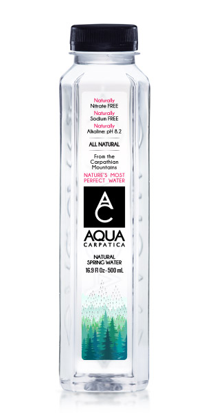 A bottle of AQUA Carpatica Natural Spring Water